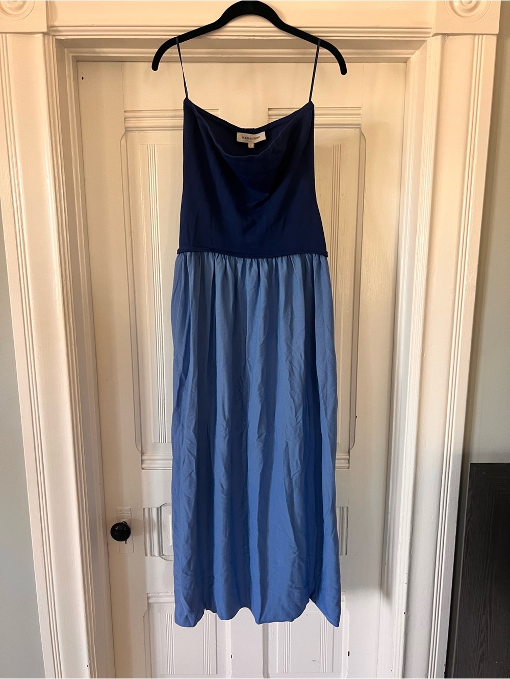 SOLID & STRIPED Two-Tone Navy and Light Blue Spaghetti Strap Maxi Dress